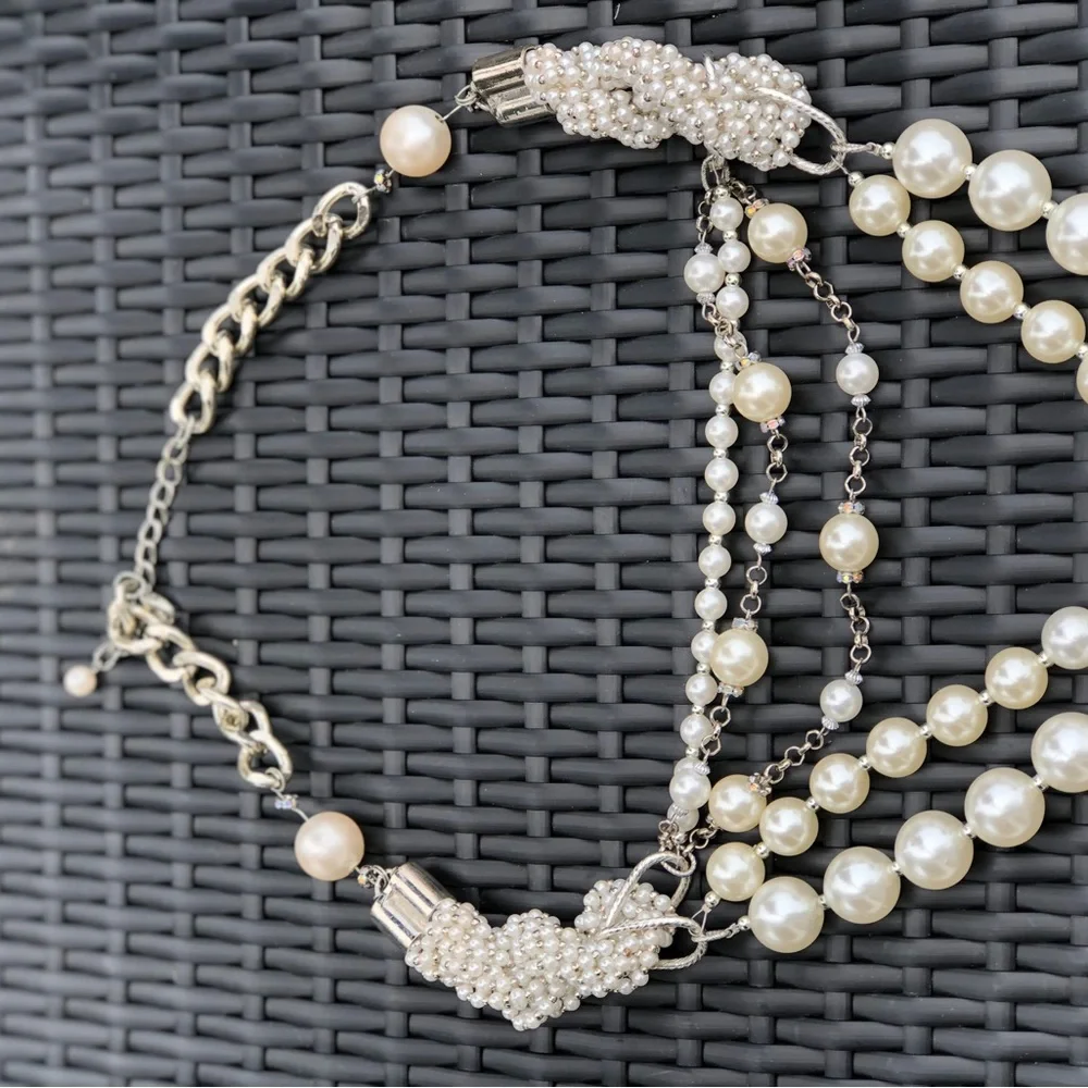 Pearl Multi-Strand Necklace - Ivory Pearls with Silver Chain